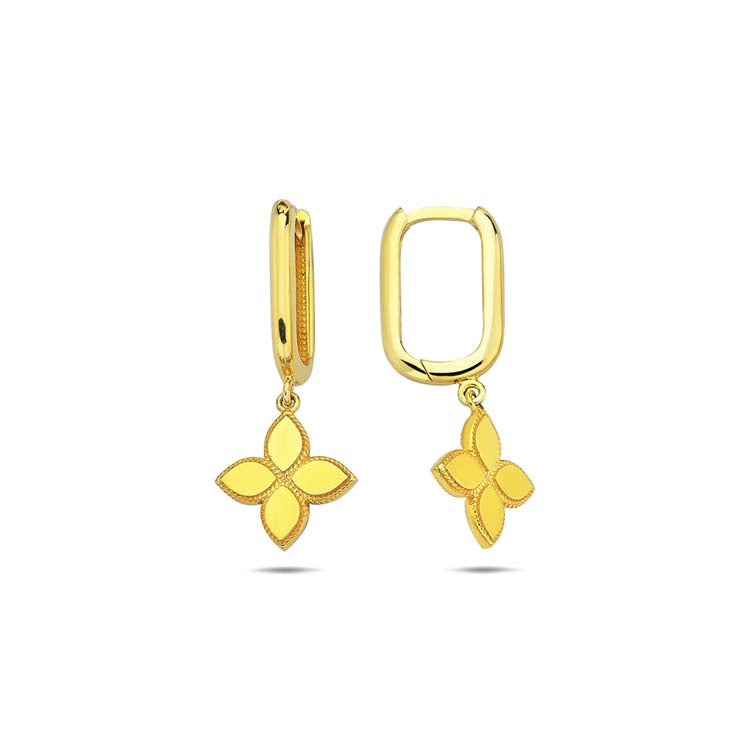 9K Yellow Gold Floral Oval Huggie Earrings