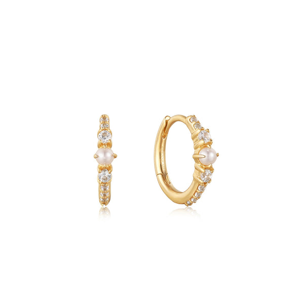 Ania Haie 14kt Gold Pearl and White Sapphire Huggie Hoop Earrings EAU003-01YG