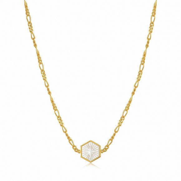 Compass Emblem Gold Figaro Chain Necklace