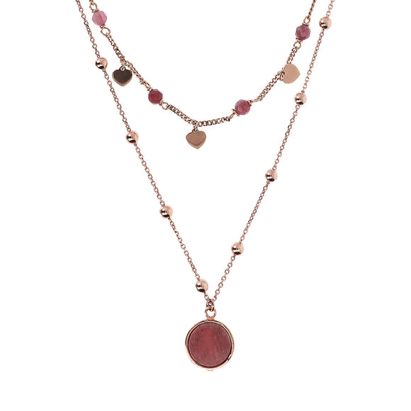 Bronzallure Alba Two Strands Necklace with Natural Red Fossil Wood Stone and Golden Rose Hearts WSBZ01793.RDW