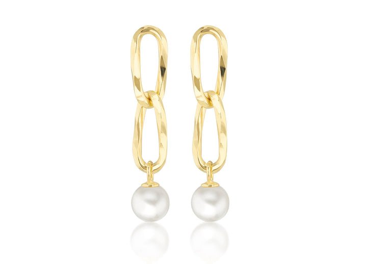9K Yellow Gold Double Link Freshwater Pearl Drop Earrings
