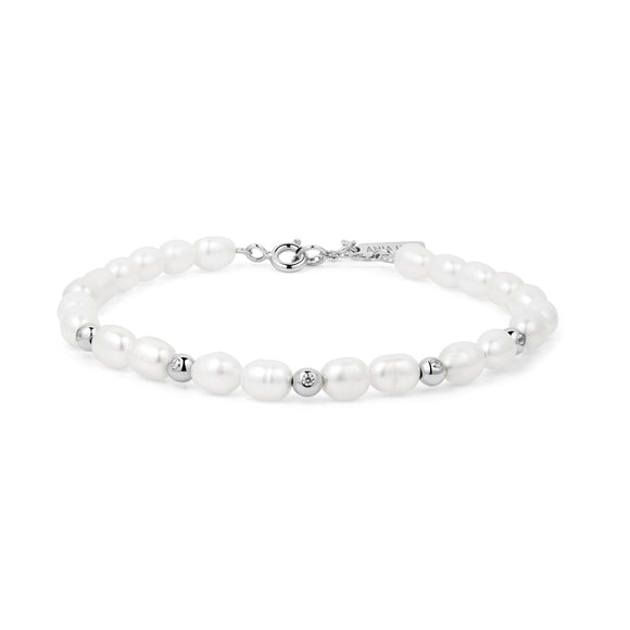 Ania Haie Silver Freshwater Pearl and White Cubic Zirconia Bezel Set Bracelet B058-05H