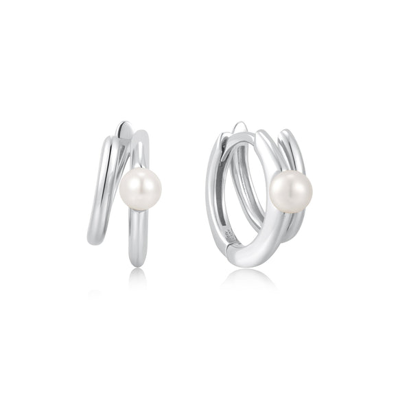 Ania Haie Silver Parallel Duo Freshwater Pearl Huggies E058-02H