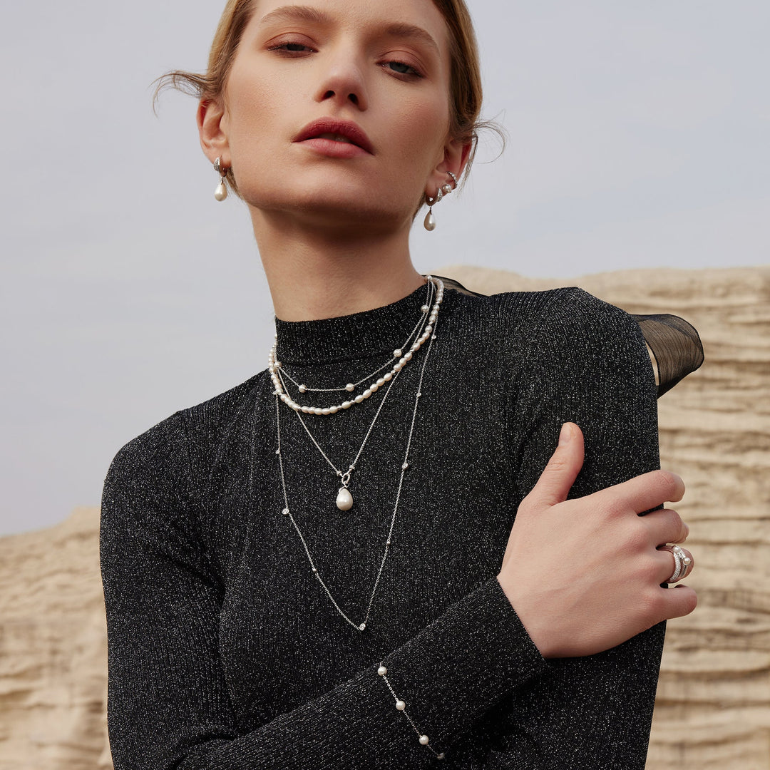 Ania Haie Silver Linked Shell Pearl Drop Pendant Necklace