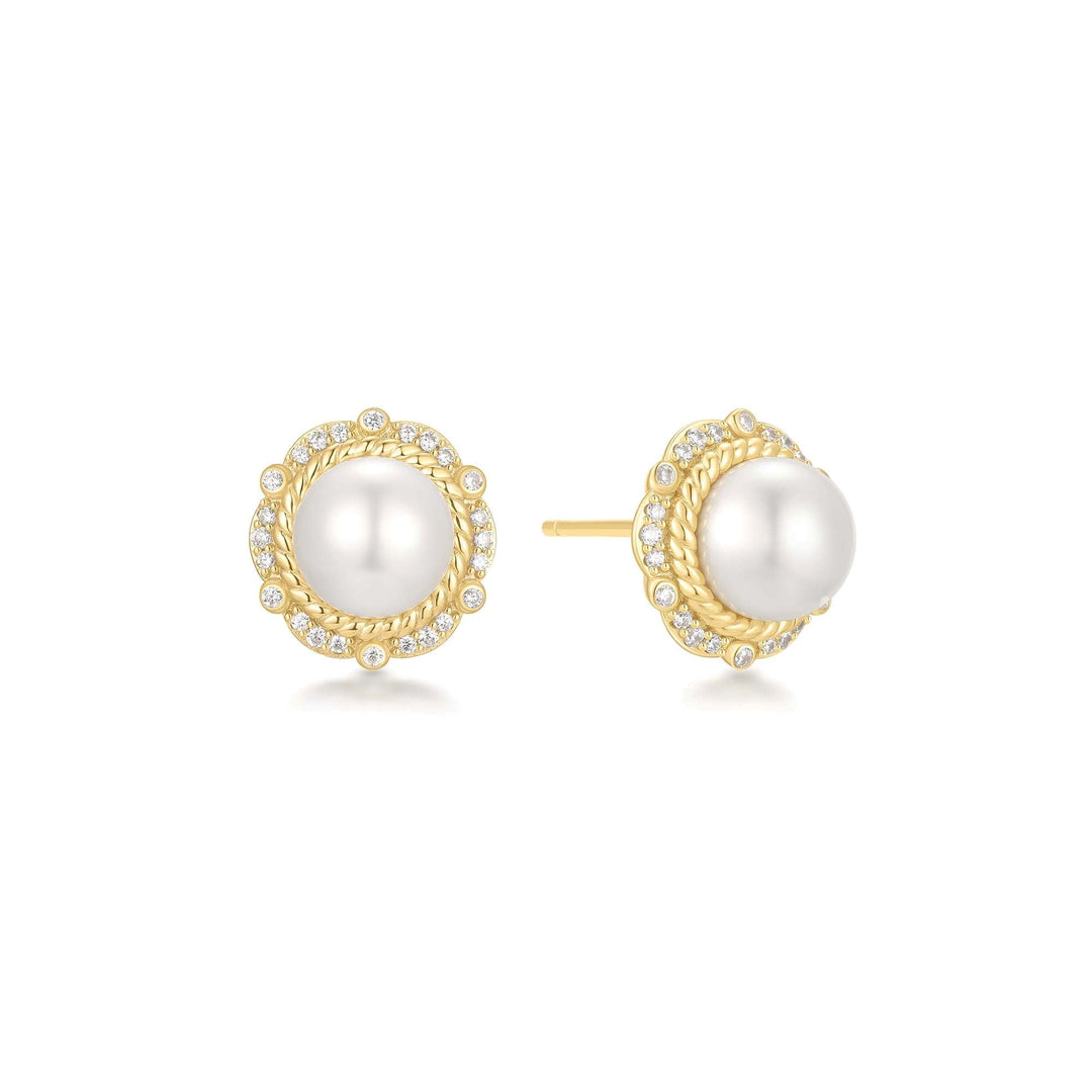 Gold Shell Pearl Bloom Stud Earrings
