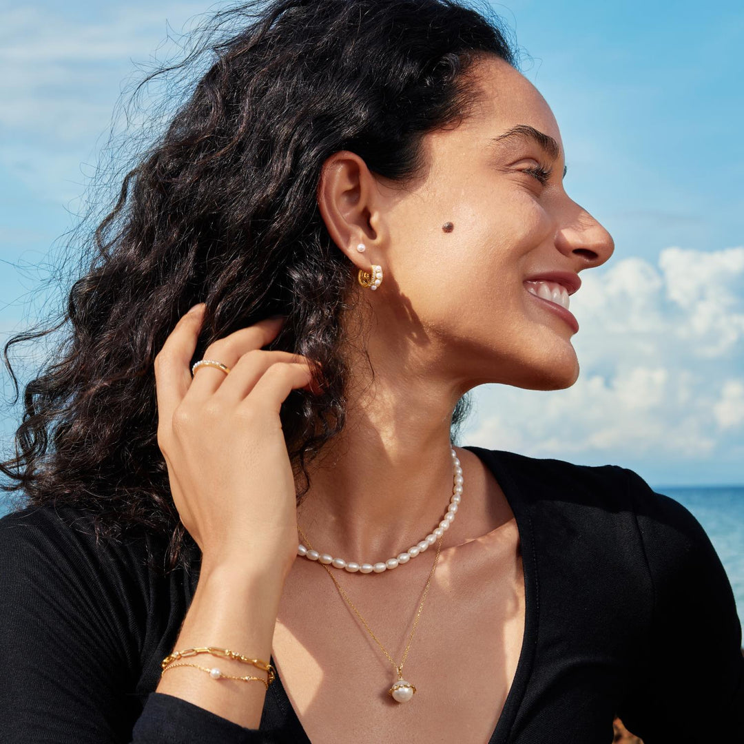 Ania Haie Gold Sparkling Shell Pearl Row Huggie Hoop Earrings E075-15G