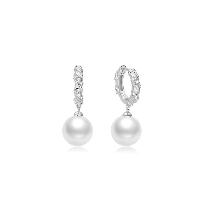 Ania Haie Silver Shell Pearl Dangling Twisted Huggie Hoop Earrings E075-14H