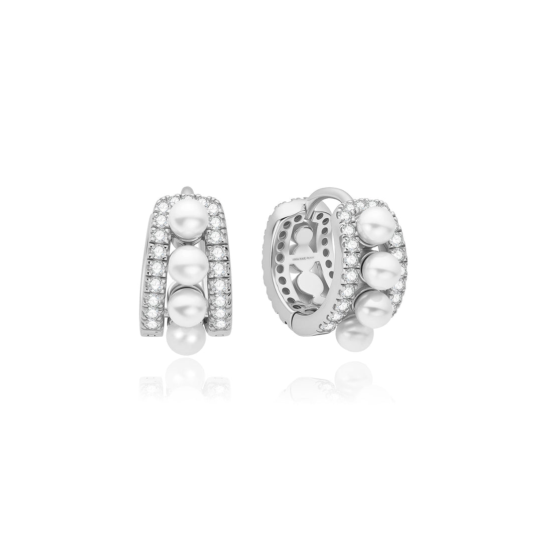 Ania Haie Silver Sparkling Shell Pearl Row Huggie Hoop Earrings E075-15H