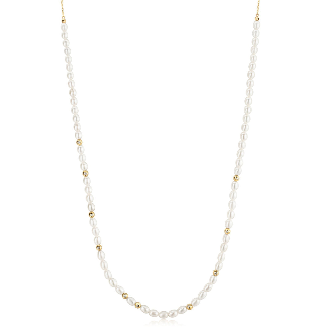 Ania Haie Gold Freshwater Pearl and White Cubic Zirconia Bezel Set Slider Necklace N058-06G