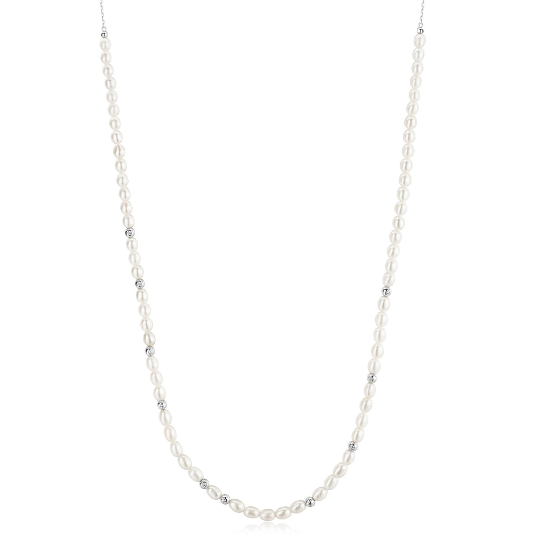 Ania Haie Silver Freshwater Pearl and White Cubic Zirconia Bezel Set Slider Necklace N058-06H