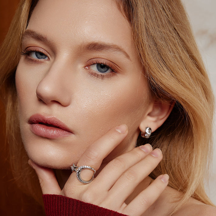Ania Haie Silver Sparkling Moon and Star Adjustable Ring