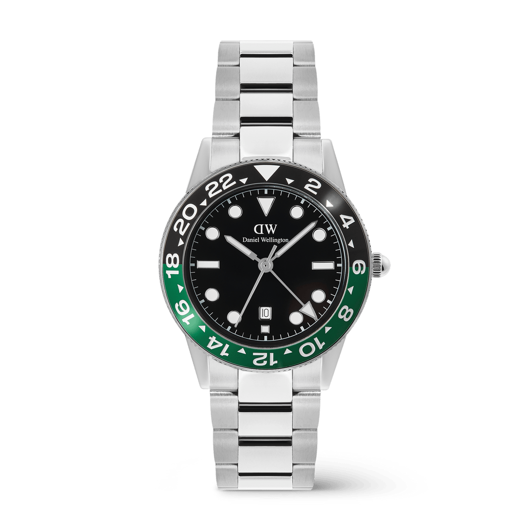 Daniel Wellington Iconic GMT Link Black Green Ceramic Bezel Silver DW00100920
