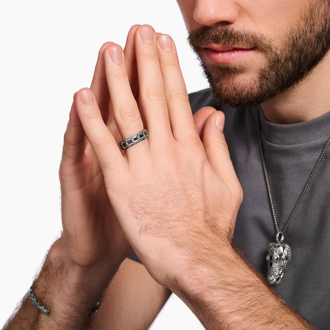 RING WIDE CROCODILE SHELL WITH STONES SILVER BLACKENED TR2422