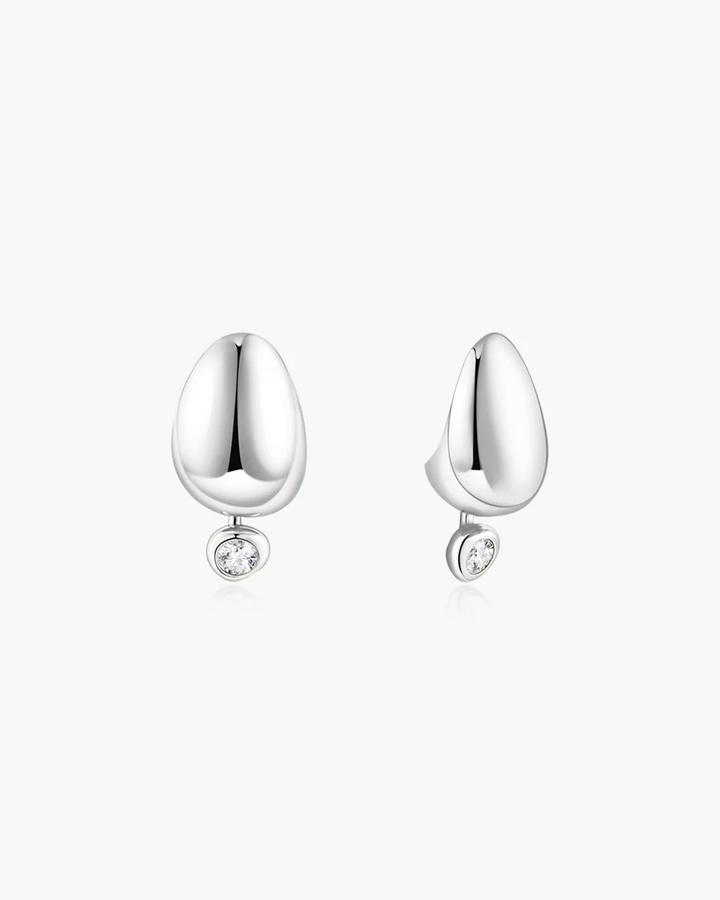 Silver Organic Dome Pebble with Bezel Dangle Stud Earrings E076-07H
