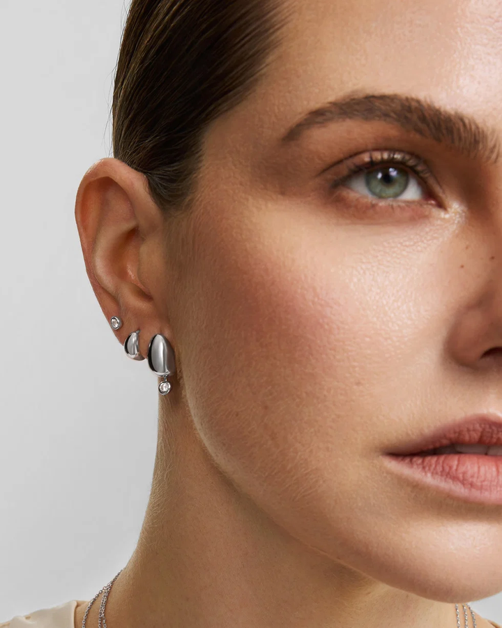 Silver Organic Dome Pebble with Bezel Dangle Stud Earrings E076-07H