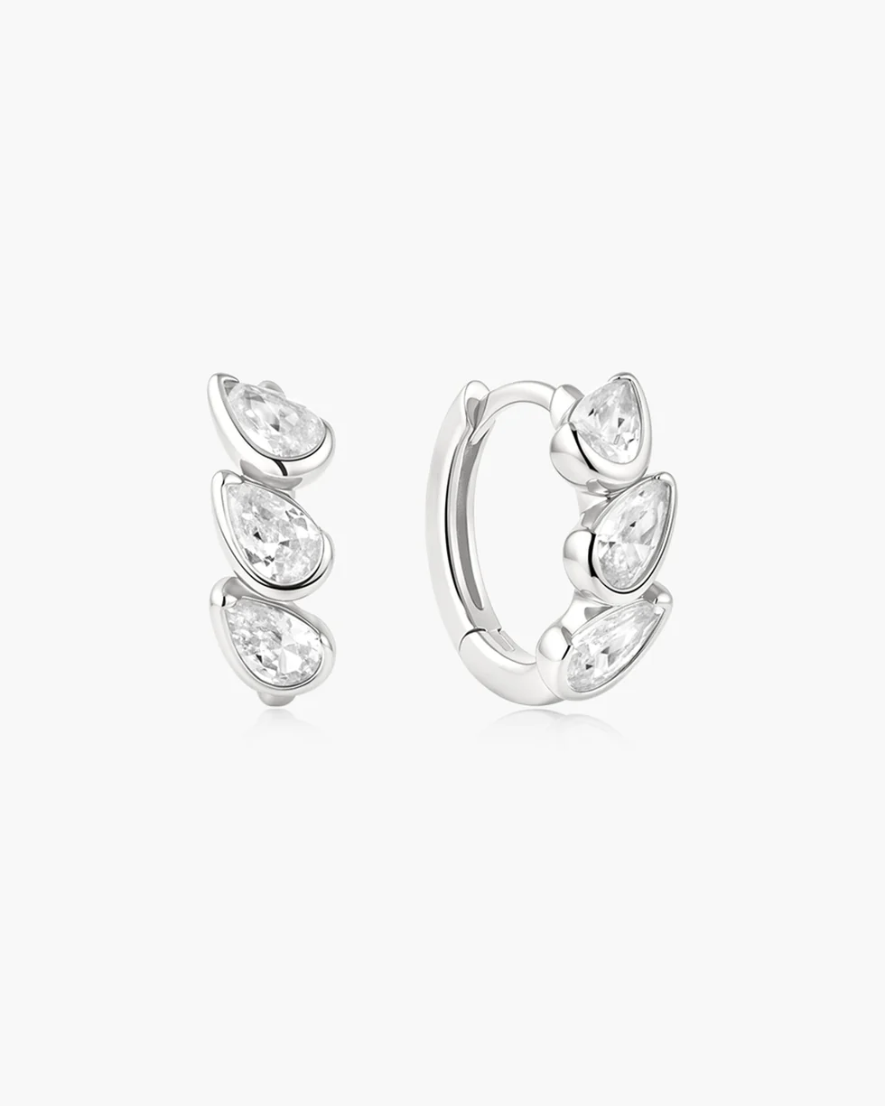 Silver Triple Half-Bezel Teardrop Huggie Hoop Earrings E076-12H