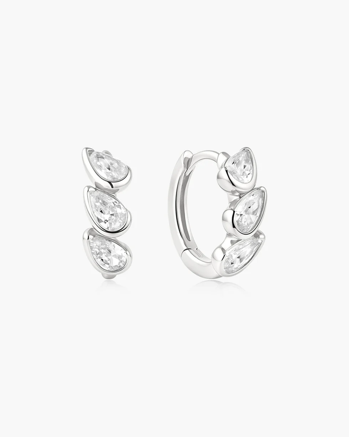 Silver Triple Half-Bezel Teardrop Huggie Hoop Earrings E076-12H