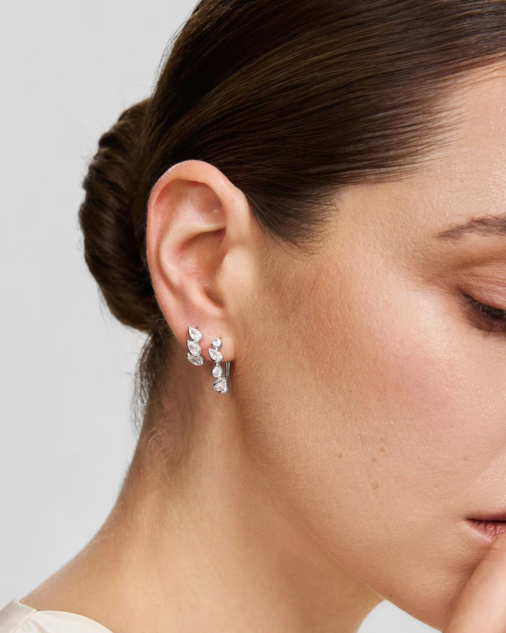 Silver Triple Half-Bezel Teardrop Huggie Hoop Earrings E076-12H
