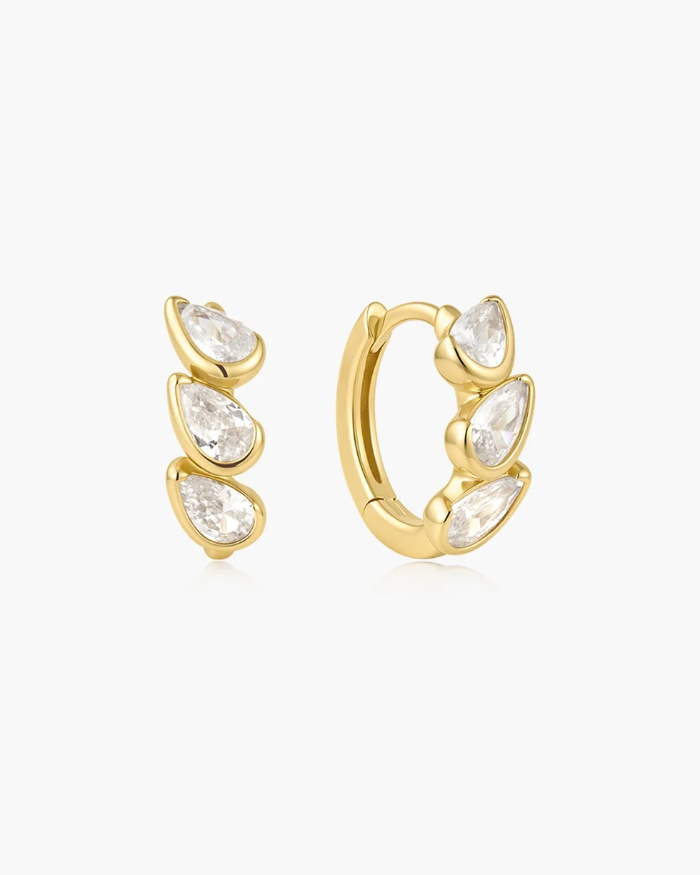 Gold Triple Half-Bezel Teardrop Huggie Hoop Earrings E076-12G