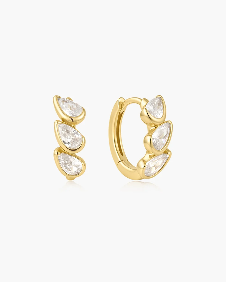 Gold Triple Half-Bezel Teardrop Huggie Hoop Earrings E076-12G