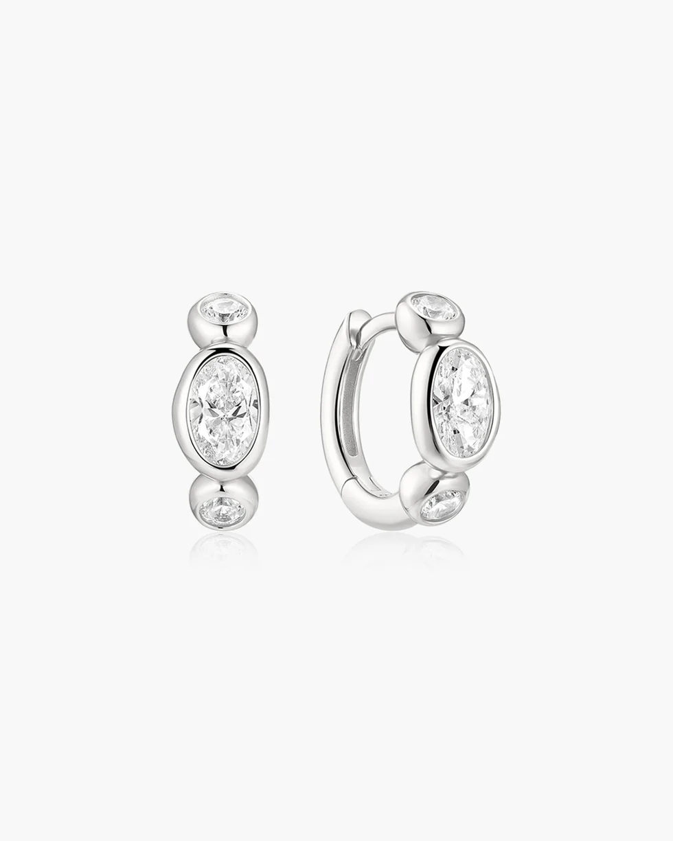 Silver Bezel Organic Pebble & Round Huggie Hoop Earrings E076-13H
