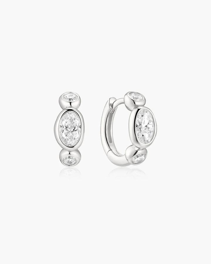 Silver Bezel Organic Pebble & Round Huggie Hoop Earrings E076-13H