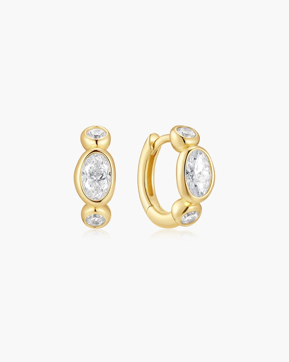 Gold Bezel Organic Pebble & Round Huggie Hoop Earrings E076-13G