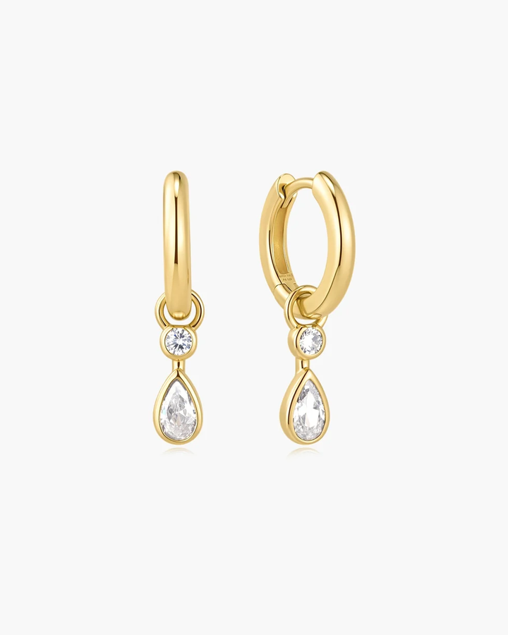 Gold Dangling Bezel Teardrop Huggie Hoop Earrings E076-14G