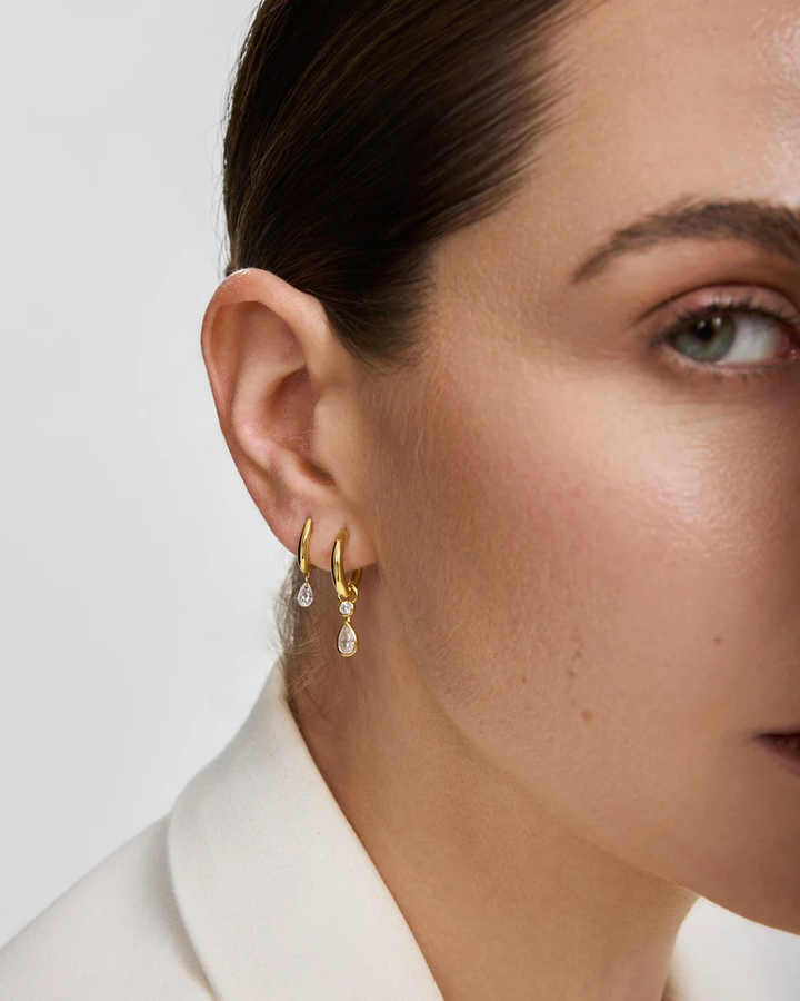Gold Dangling Bezel Teardrop Huggie Hoop Earrings E076-14G