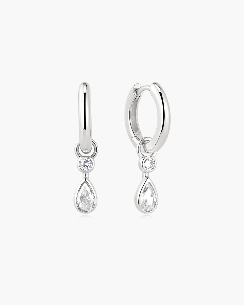 Silver Dangling Bezel Teardrop Huggie Hoop Earring E076-14H