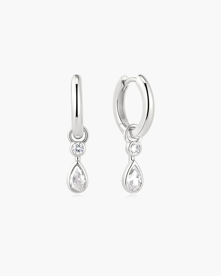 Silver Dangling Bezel Teardrop Huggie Hoop Earring E076-14H