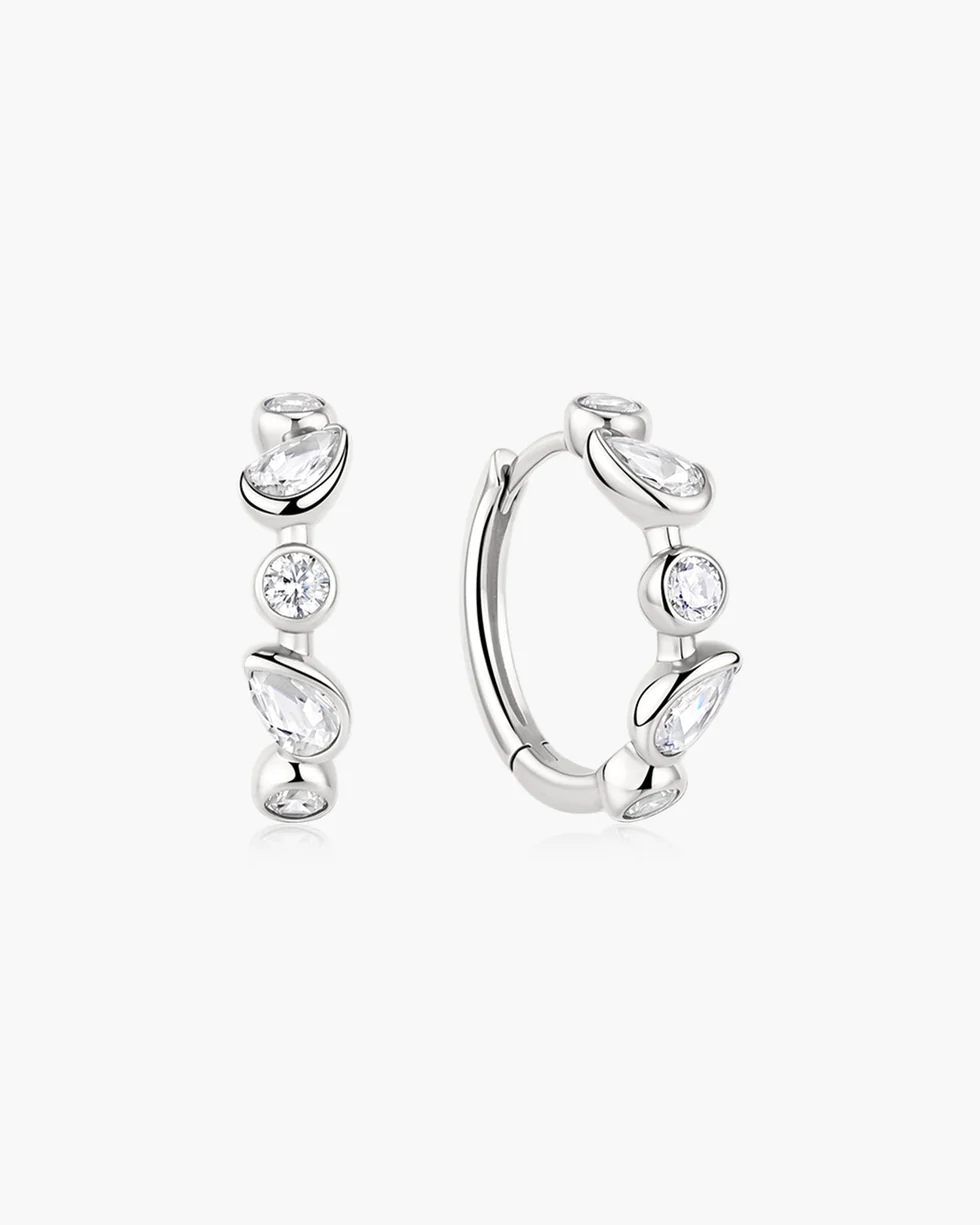 Silver Bezel Round & Teardrop Huggie Hoop Earrings E076-15H