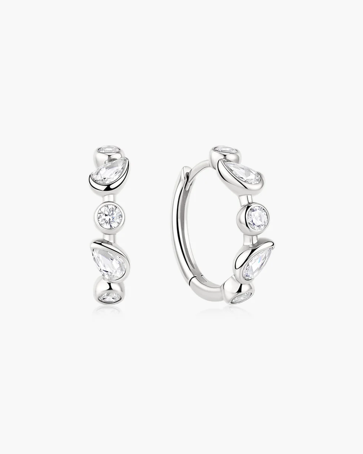 Silver Bezel Round & Teardrop Huggie Hoop Earrings E076-15H