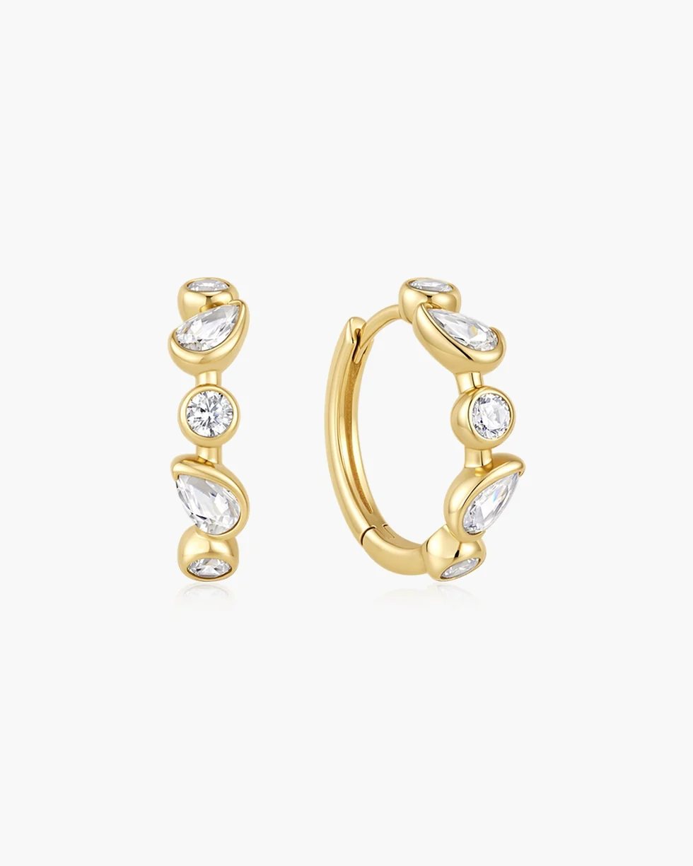 Gold Bezel Round & Teardrop Huggie Hoop Earrings  E076-15G