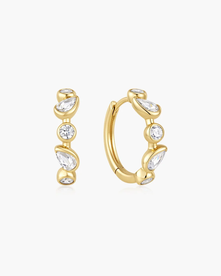 Gold Bezel Round & Teardrop Huggie Hoop Earrings  E076-15G