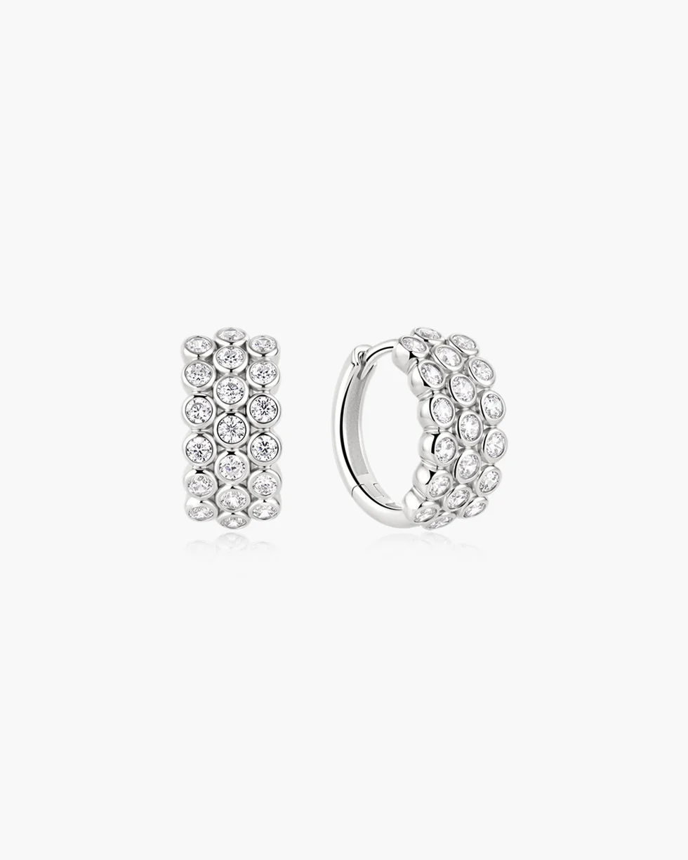 Silver Triple Row Bezel Huggie Hoop Earrings E076-16H