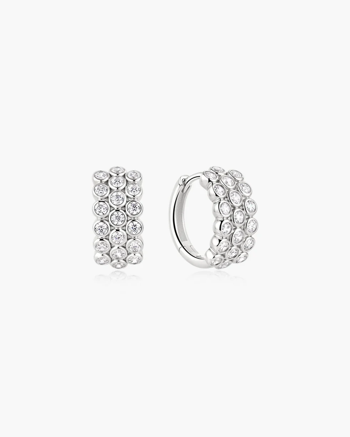 Silver Triple Row Bezel Huggie Hoop Earrings E076-16H