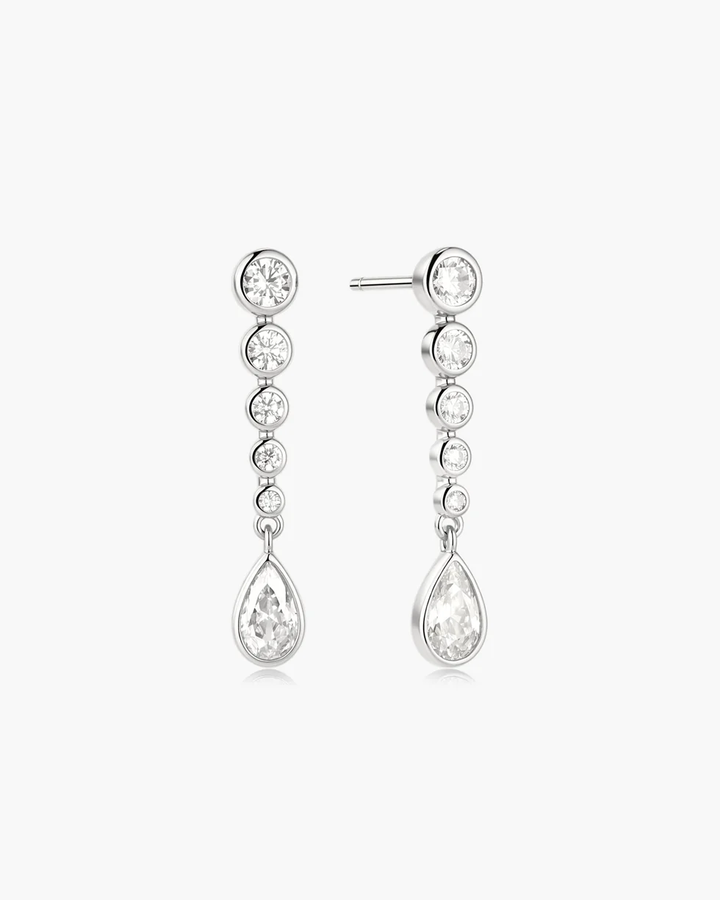 Silver Graduated Bezel Round & Teardrop Dangle Stud Earrings E076-17H
