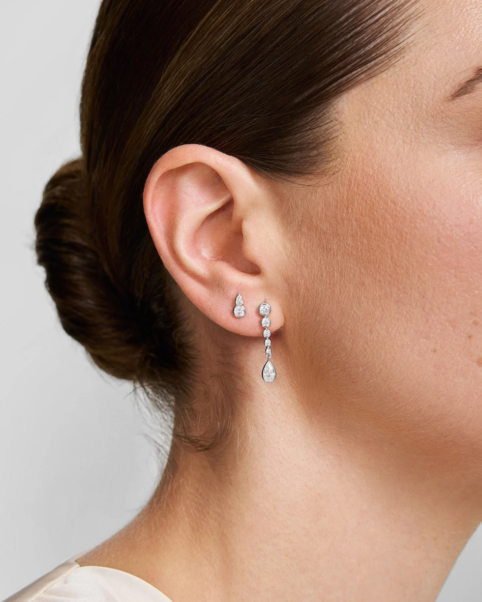 Silver Graduated Bezel Round & Teardrop Dangle Stud Earrings E076-17H