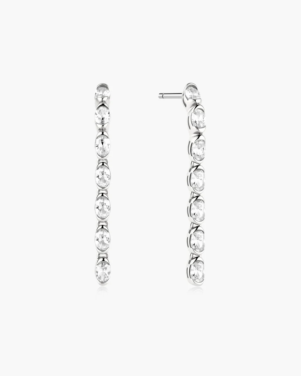 Silver Half-Bezel Oval Linear Dangle Stud Earrings E076-18H