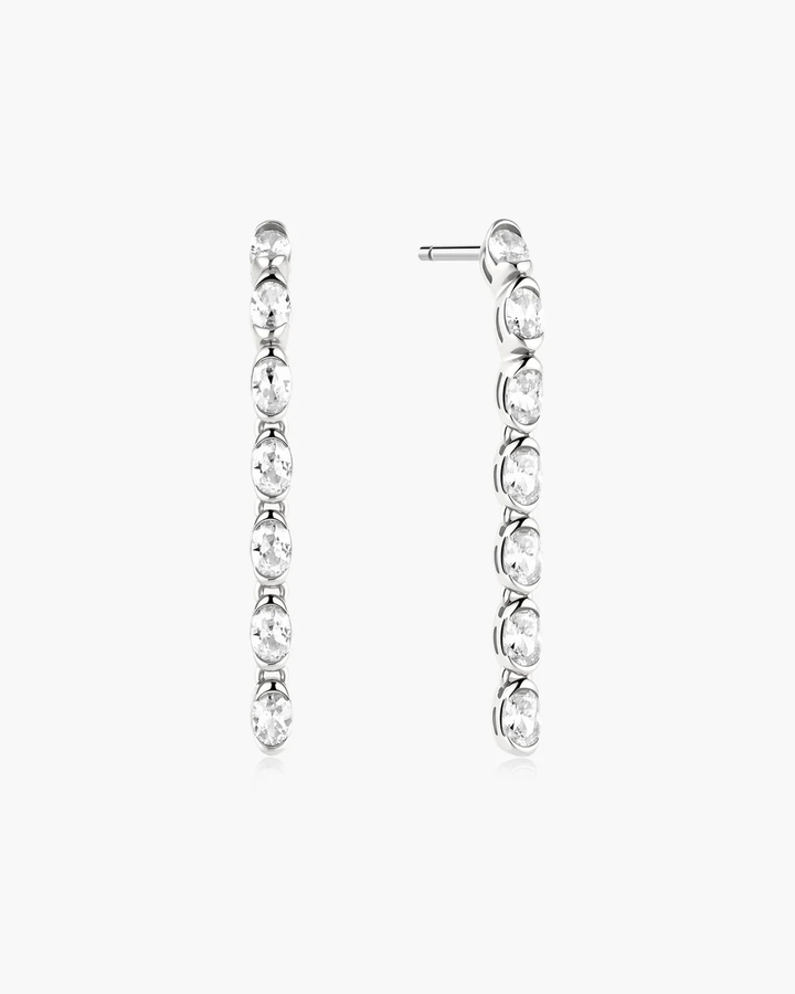 Silver Half-Bezel Oval Linear Dangle Stud Earrings E076-18H