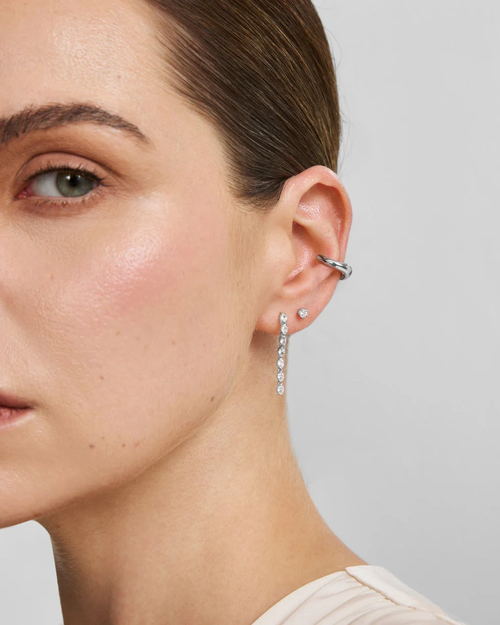 Silver Half-Bezel Oval Linear Dangle Stud Earrings E076-18H