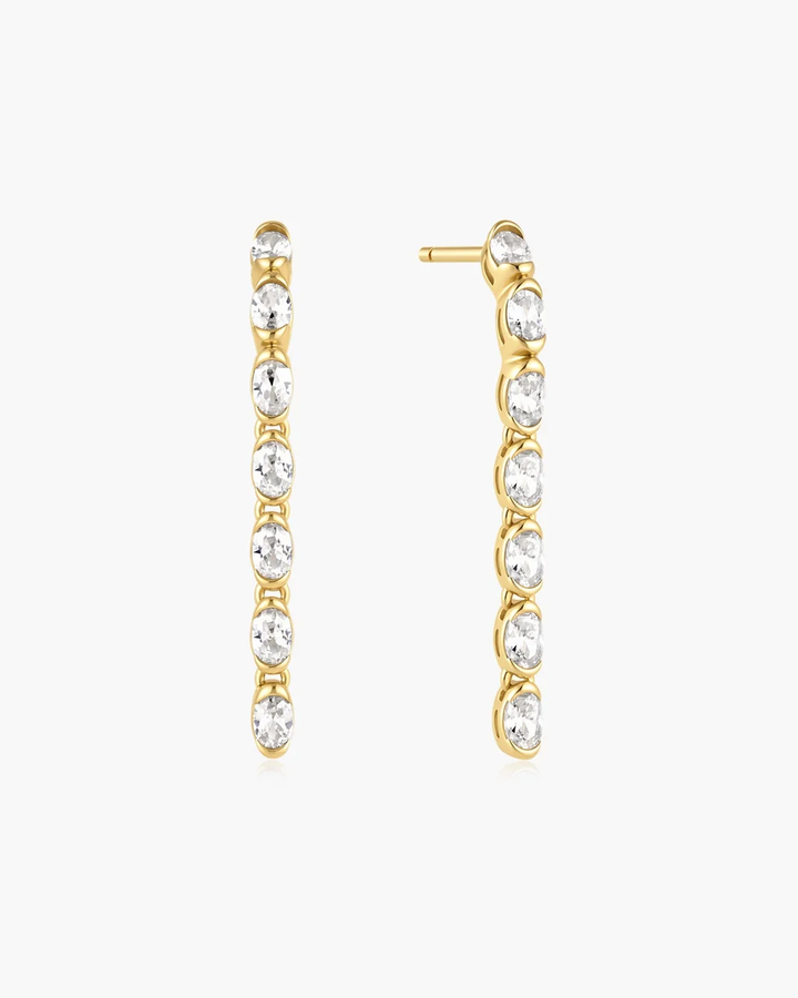 Gold Half-Bezel Oval Linear Dangle Stud Earrings E076-18G