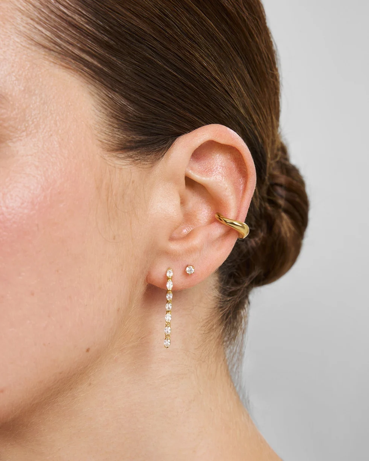 Gold Half-Bezel Oval Linear Dangle Stud Earrings E076-18G