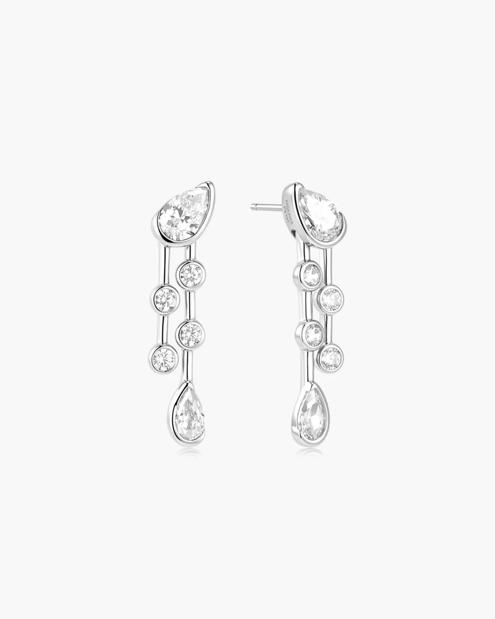 Silver Half-Bezel Teardrop Dual Drop Stud Earrings E076-19H
