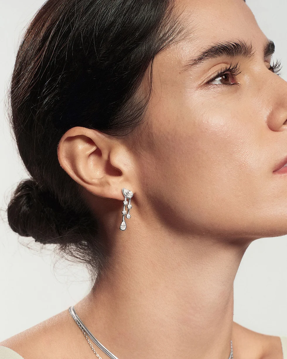 Silver Half-Bezel Teardrop Dual Drop Stud Earrings E076-19H