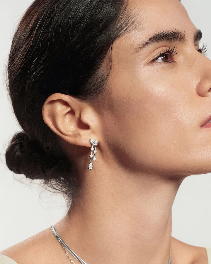 Silver Half-Bezel Teardrop Dual Drop Stud Earrings E076-19H