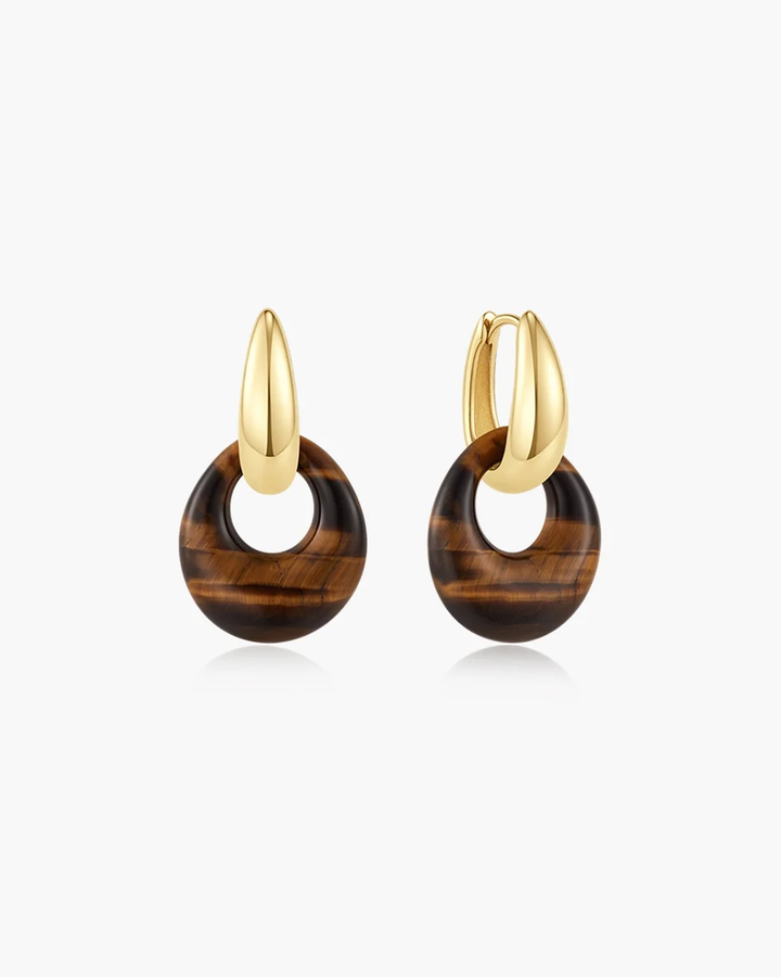 Gold Hollow Tiger's Eye Organic Pebble Drop Earrings  E076-21G-TE