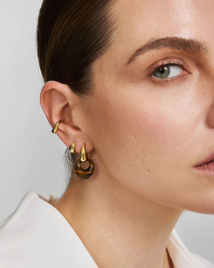 Gold Hollow Tiger's Eye Organic Pebble Drop Earrings  E076-21G-TE