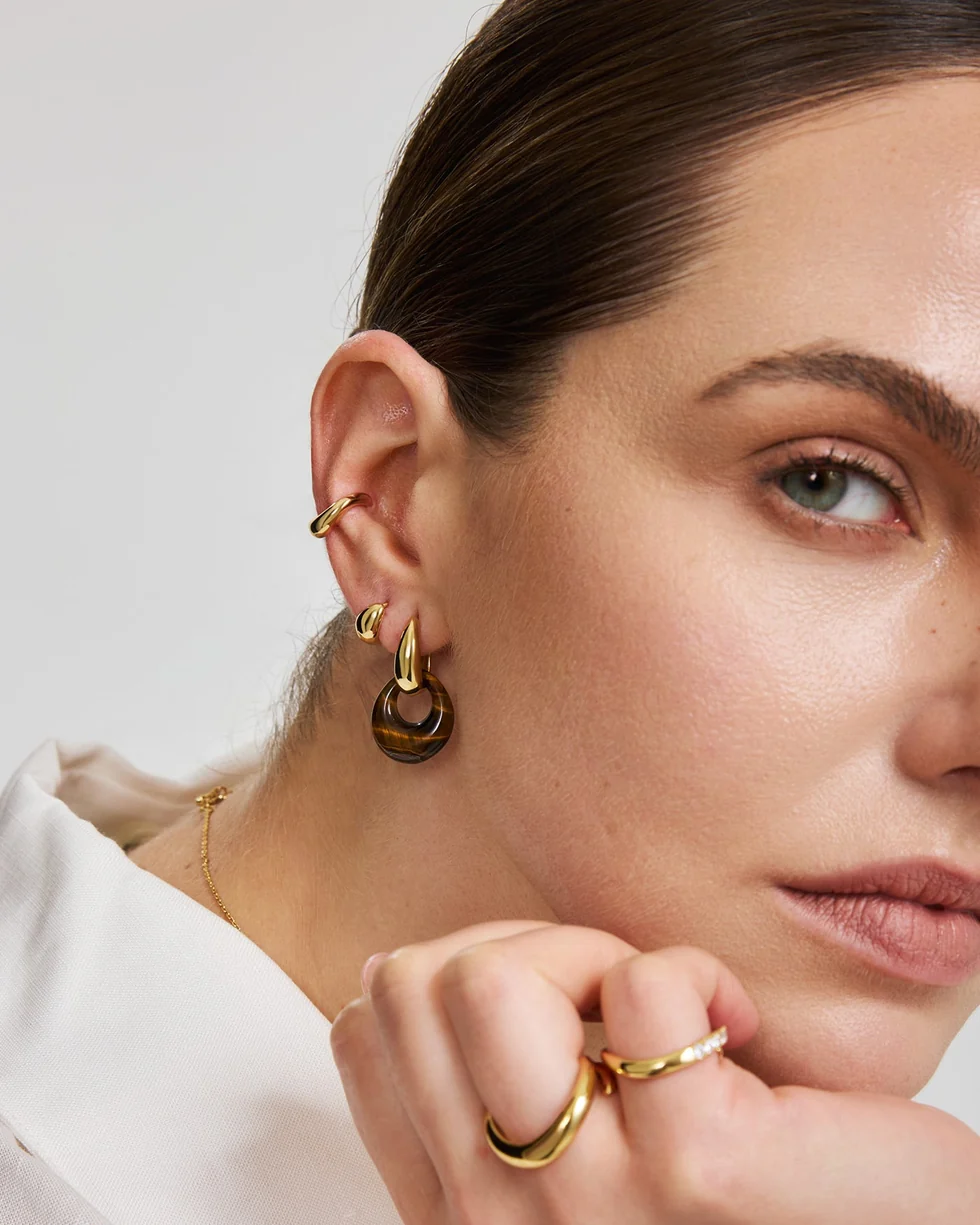 Gold Hollow Tiger's Eye Organic Pebble Drop Earrings  E076-21G-TE